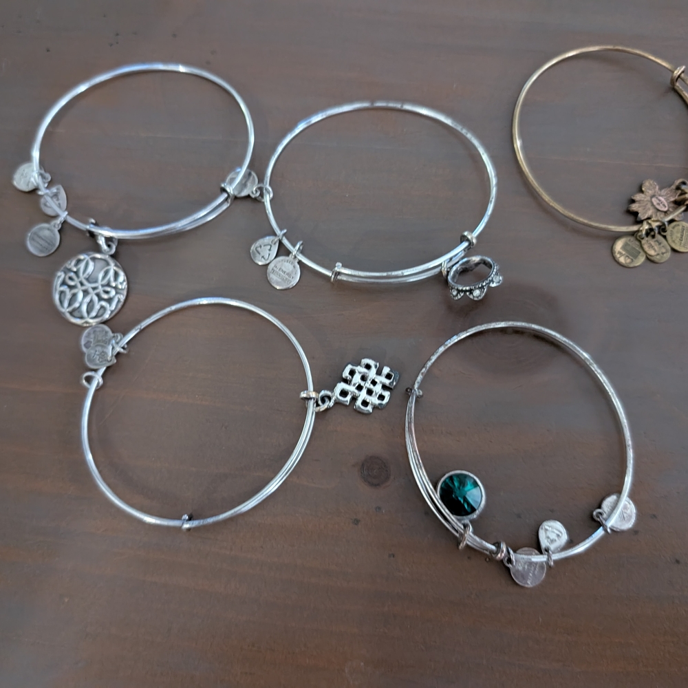 Alex and Ani Silver Charm Bracelet Set with Intricate Designs